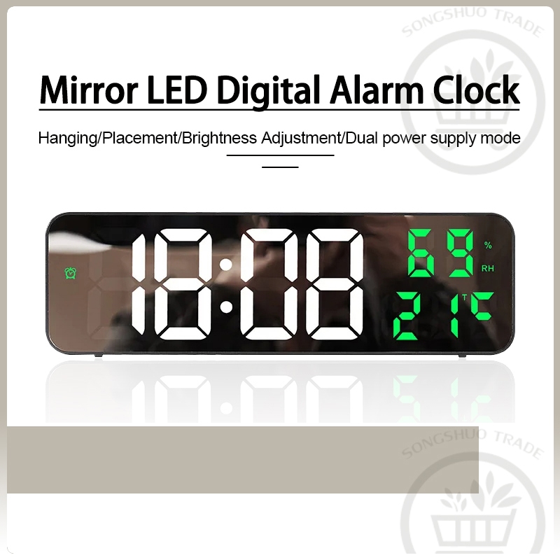 นาฬิกาอิเล็กทรอนิกส์ LED ดิจิทัล แบบติดผนัง พร้อมหน้าจอแสดงเวลา อุณหภูมิ และความชื้น ขนาดใหญ่