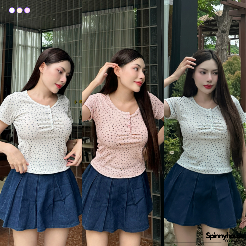 🌈SpinnyHouse🌈พร้อมส่ง เสื้อรัดรูป ทรงคอกลมแขนสั้น ผ้ายืดยูนิ 🌺 ลายดอกไม้ กระดุมใช้งานได้จริง ทรงเบบี้ที รุ่น ลักขณา