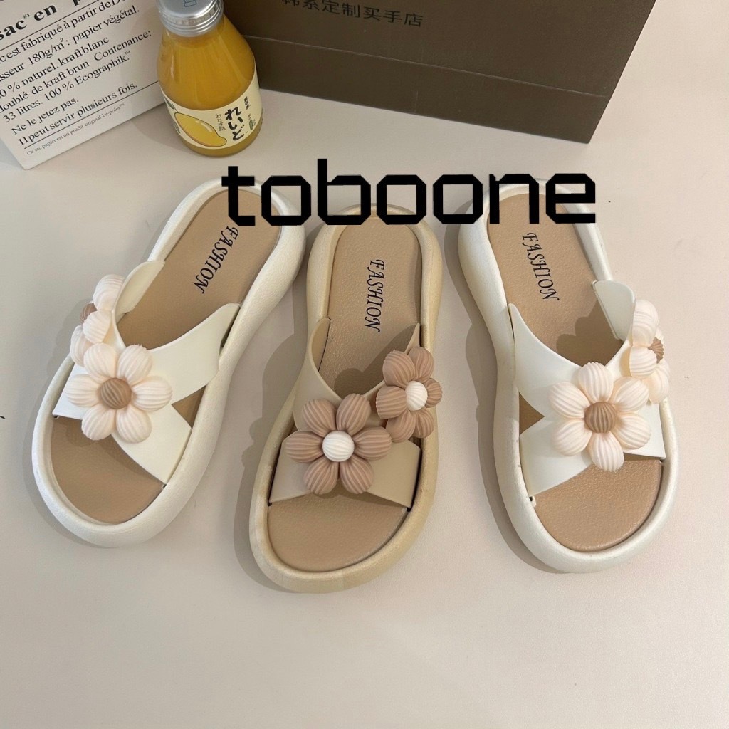 พร้อมส่งจากไทย 【555 ดอกไม้คู่】รองเท้าแตะแบบสวม ลายดอกทานตะวันคู่สีพื้นสายไขว้ มี2สีใส่สบายมากน่ารักใสๆ Tobo