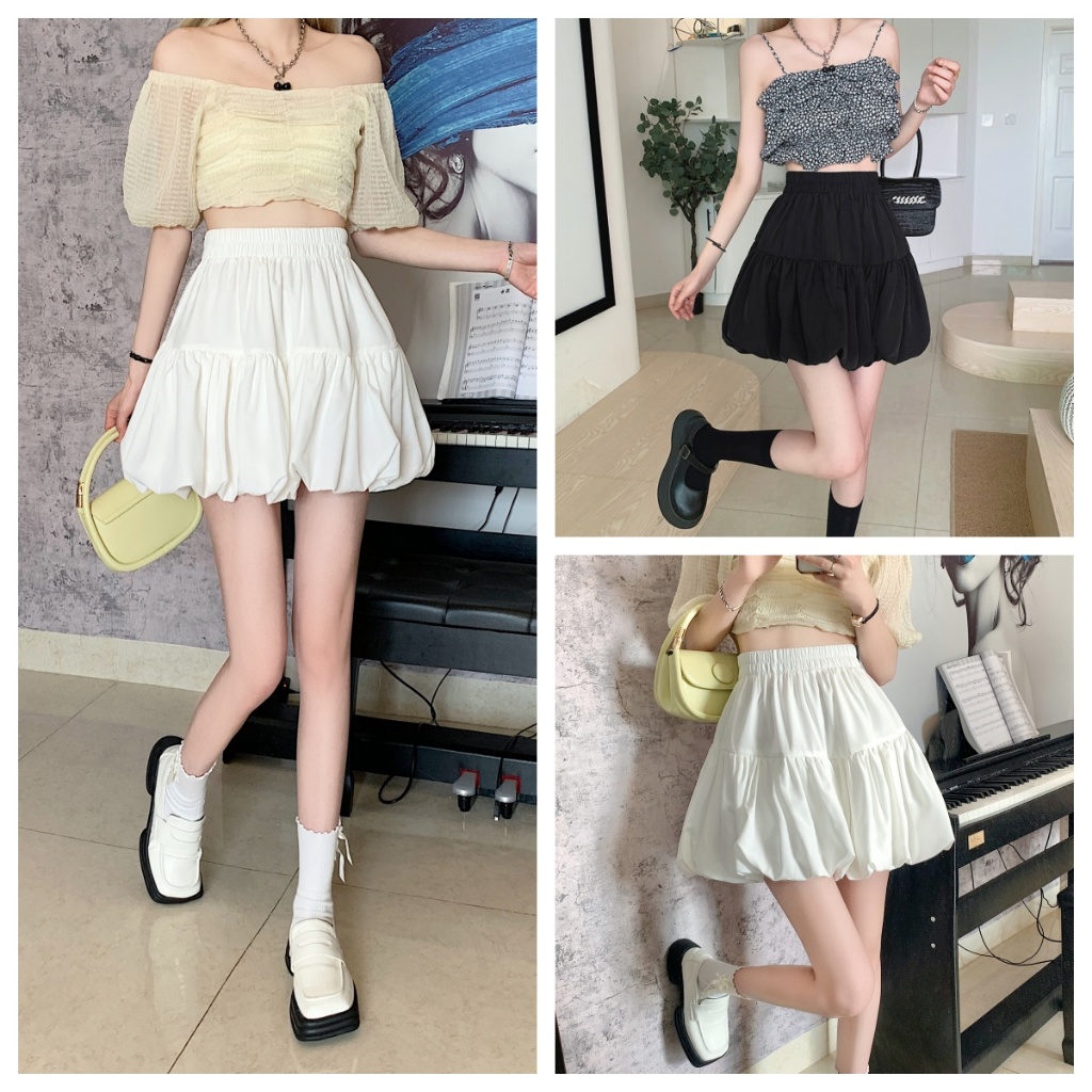 Beryl 🌻กระโปรงดอกตูมสีขาว💕💕กระโปรงทรงเอสไตล์ฝรั่งเศสฤดูร้อนกระโปรงสั้นเอวสูงสำหรับคนตัวเล็ก