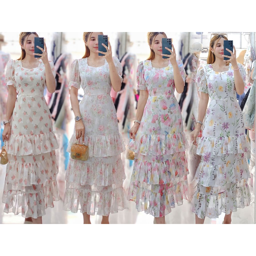 #317# Maxi Dress Layer รุ่นขนมชั้น ดีเทล อกหัวใจ แขนตุ๊กตาพองสวย ระบายขนมชั้น อลังสุดๆ