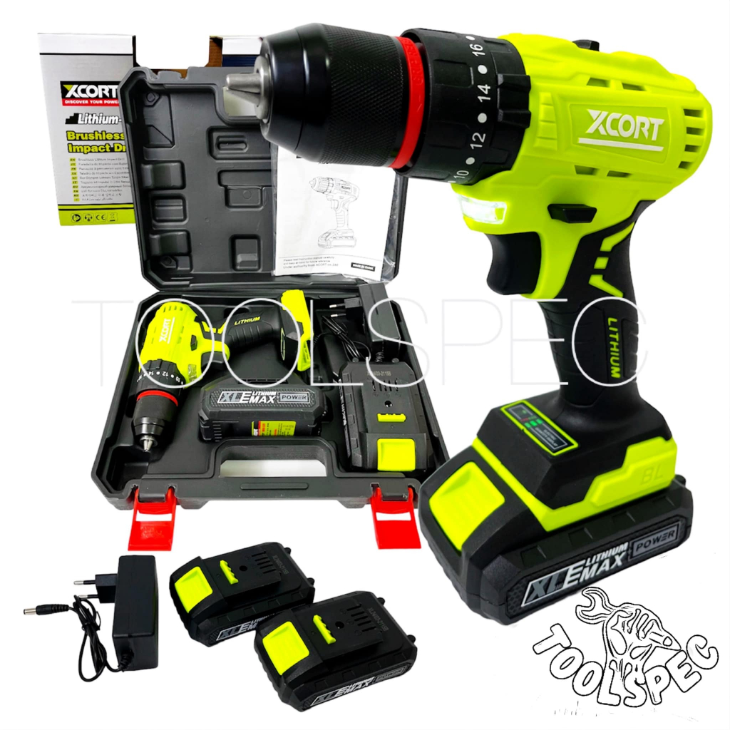 (รุ่นใหม่) XCORT สว่านไร้สาย 3 ระบบ มอเตอร์บัลเลส แบตลิเธียม 21V MAX จำนวน 2 ก้อน สว่านกระแทกไร้สาย 