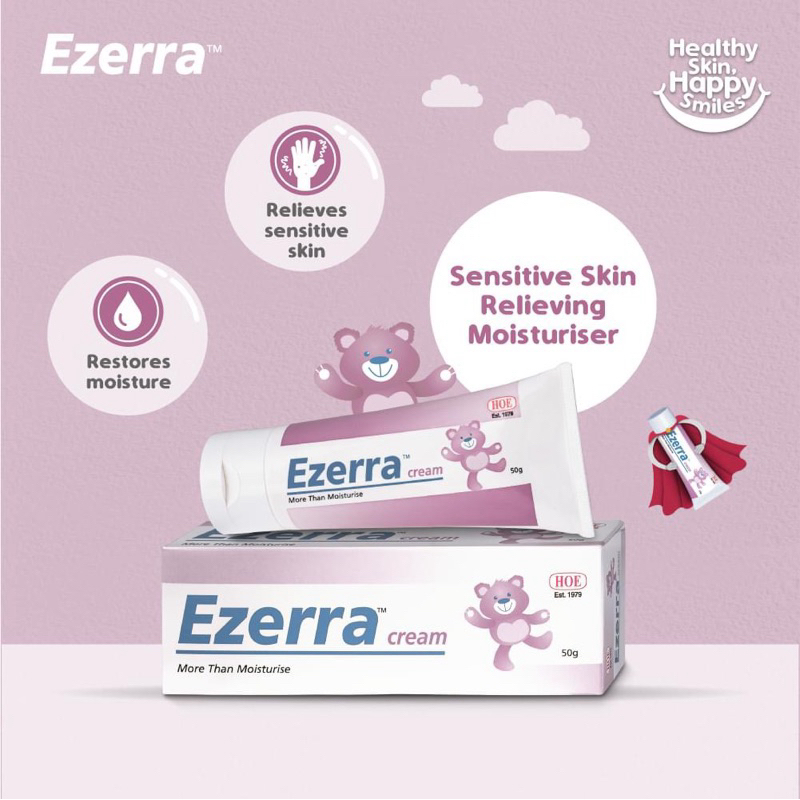 Ezerra  cream 50g. อีเซอร์ร่าครีม+พลัส สำหรับเด็กและผู้ที่มีผิวบอบบางแพ้ง่าย หมี่ม่วง-หมี่ชมพู ผิวบอ