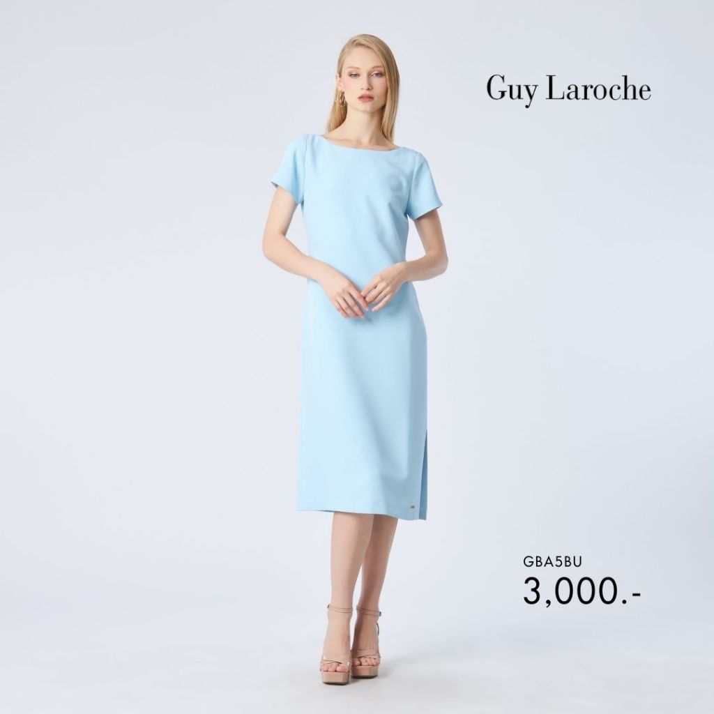Guy Laroche เดรสทรงเข้ารูป King suiting แขนสั้น ซิปหลัง ความยาวคลุมหน้าแข้ง สีฟ้า GBA5BU