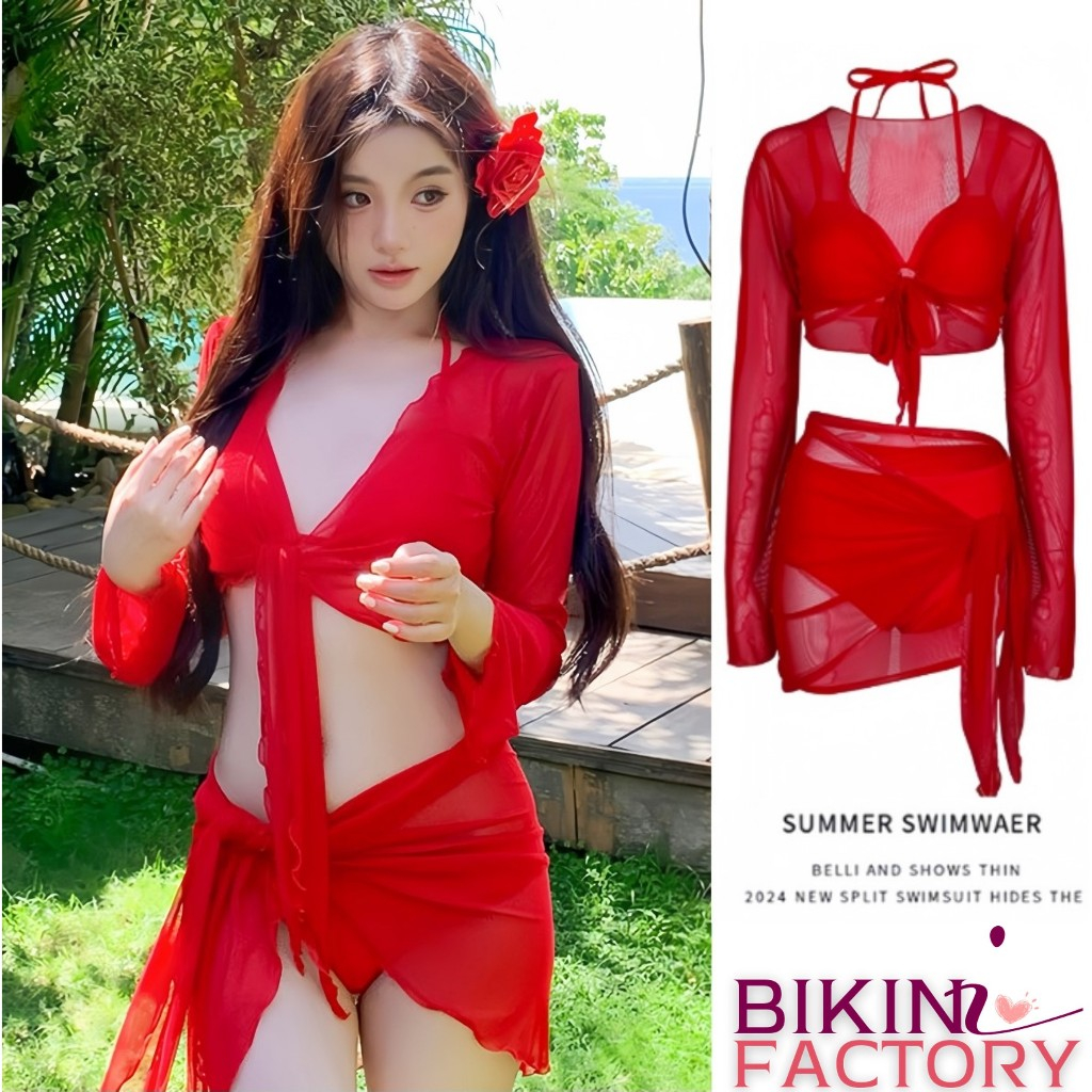 BIKINI FACTORY ชุดว่ายน้ำ  บิกินี่4ชิ้น  สไตล์เซ็กซี่   แขนยาว เสื้อคลุมกันแดด สายรัดปรับได้ Y026