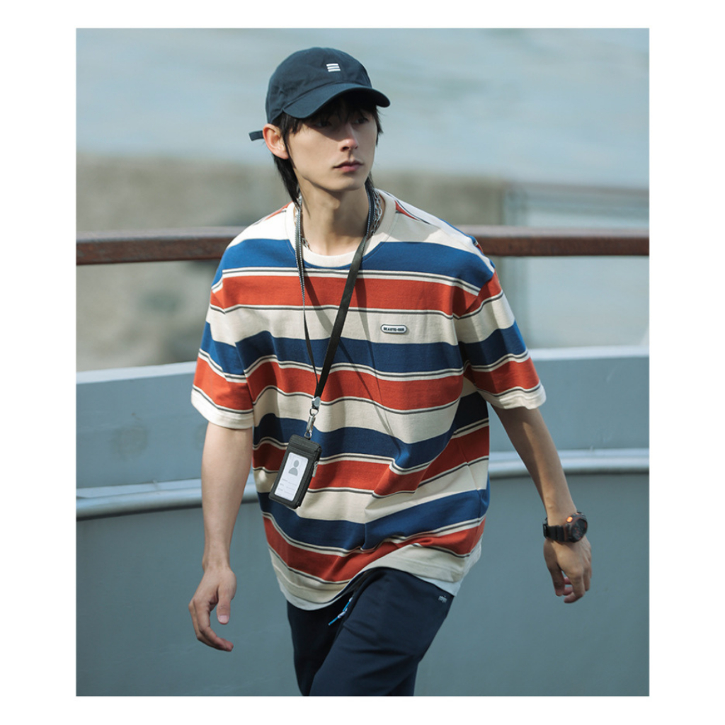 เสื้อยืดแขนสั้นผ้าคอตตอนลายขวางงานเกาหลี Korea T-Shirt Premium