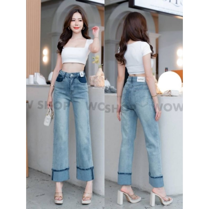 8260#wowกางเกง​ยีนส์​ขากระบอกผ้าพรีเมี่ยม​ผ้ายืดเอวสูง