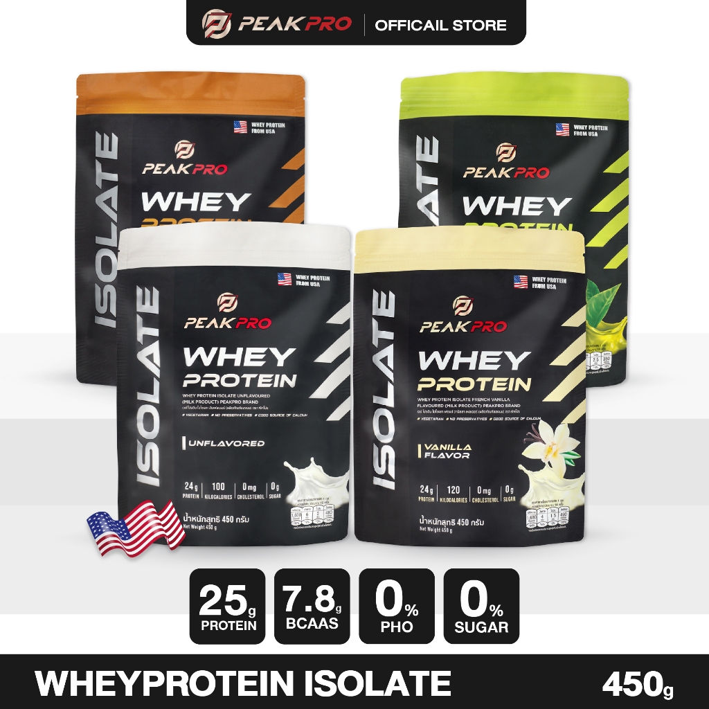 (ส่งฟรี ใส่โค้ดลดเพิ่ม) PeakPro Whey Protein Isolate 450g เวย์โปรตีน ไอโซเลท ไม่เติมน้ำตาล สร้างกล้ามเนื้อ