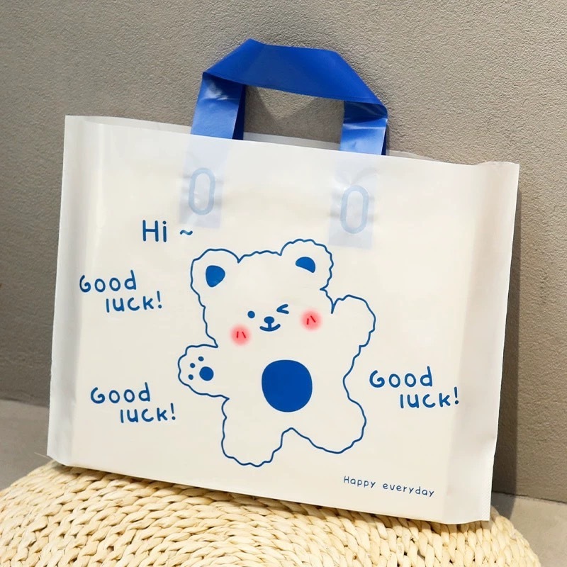 ถุงพลาสติกใสมีลาย ถุงแฟชั่น ถุงหูเทปเนื้อพลาสติกถุงพลาสติก ถุงของขวัญ ถุงหูหิ้ว  ลายหมี (แพ็คละ48-50ใบ)