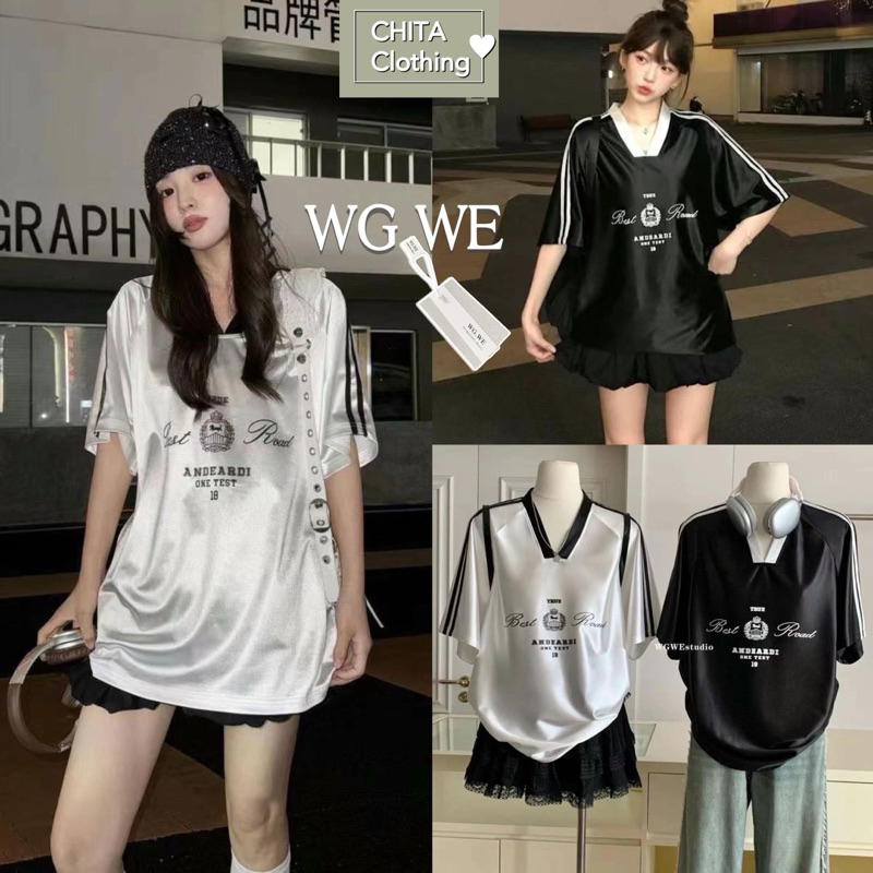 9243#เสื้อยืดคอวีแขนสั้น สกรีนลายช่วงอก เนื้อผ้าดี ใส่สบาย TAG:WG.WE
