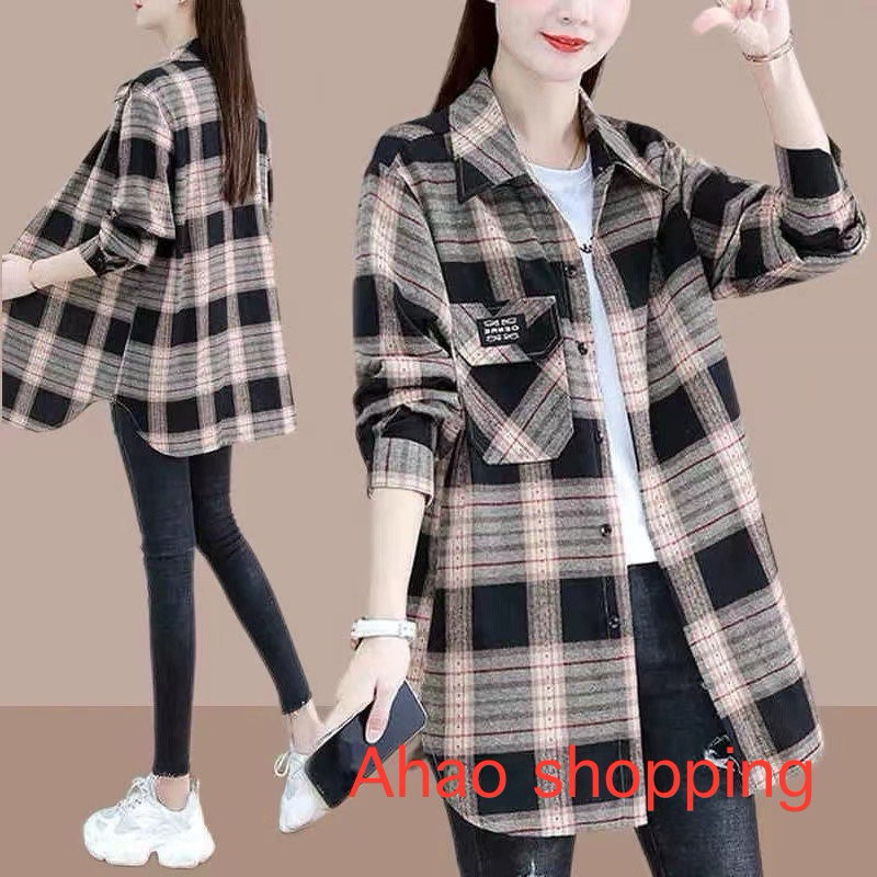 เสื้อโปโลแขนยาว ผ้าฝ้าย เสื้อลายสก๊อต ทรงหลวม พร้อมส่ง