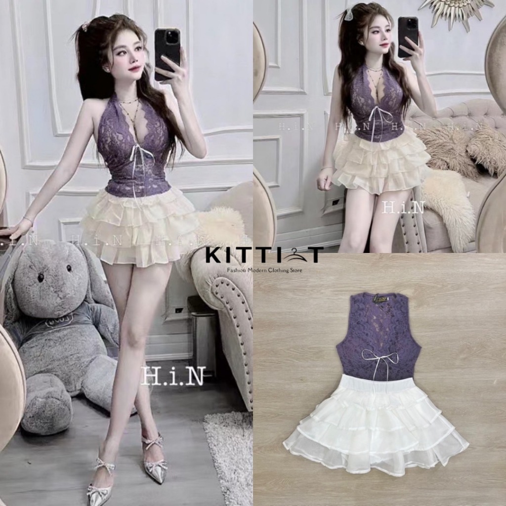 KITTI-T (s)(e)(t) (2) ชิ้น งานเซตสีถูกใจสาวๆ สายตะโกน เสื้อลูกไม้สีม่วง