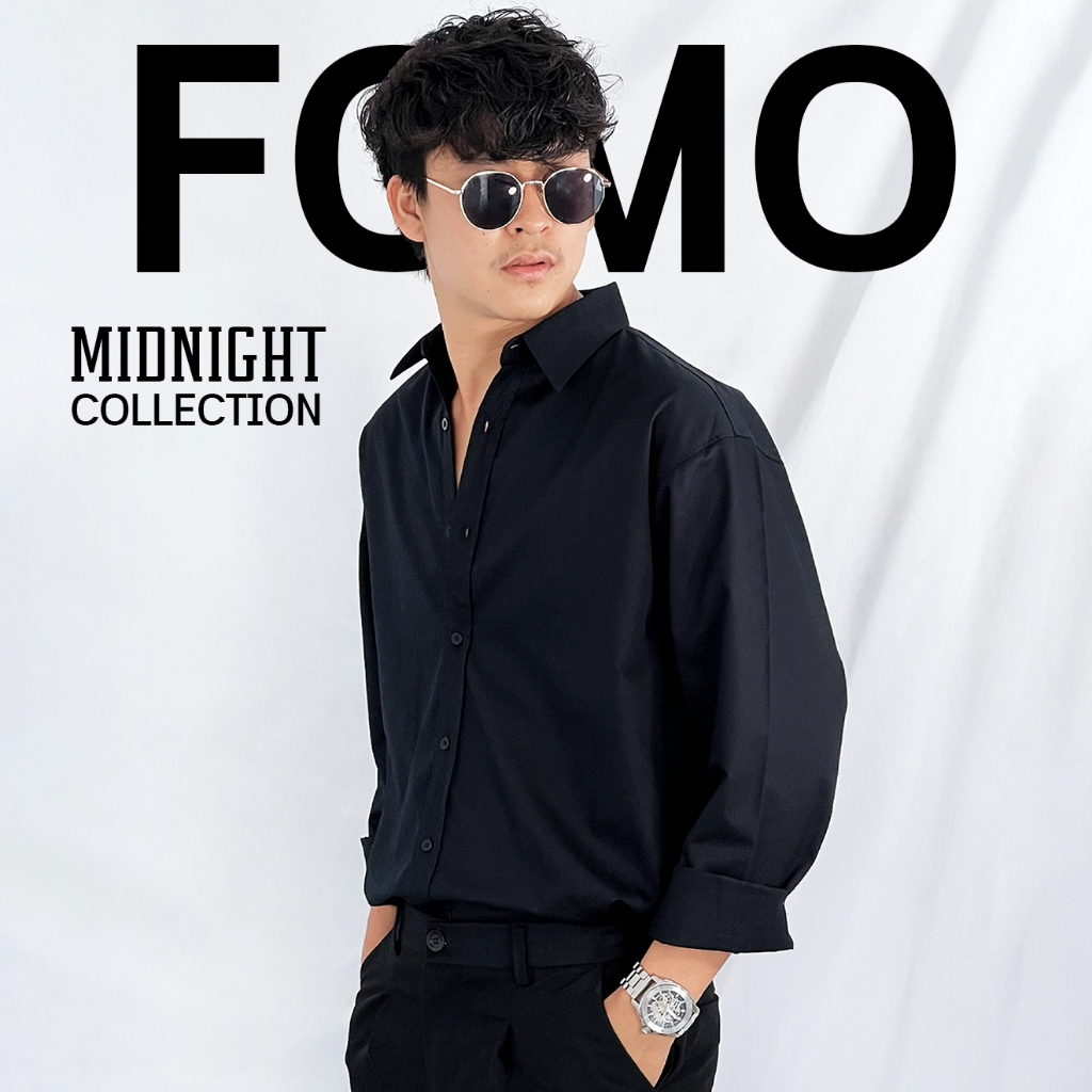 Fomo-เชิ้ตแขนยาวสีดำ เสื้อเชิ้ตสีสุภาพ เสื้อเชิ้ตสีดำ เสื้อเชิ้ตเรียบๆ