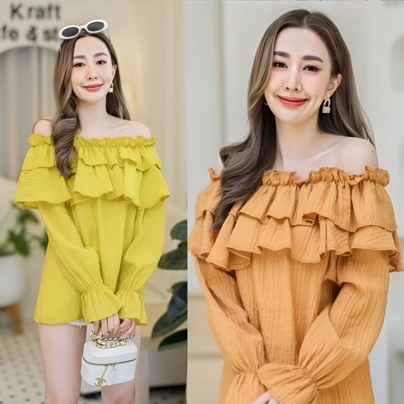 พร้อมส่ง.เสืัอแขนยาวเปิดใหล่ คอระบาย 2 ชั้น Free size:32 - 44 นิ้ว.เปผ้นผ้าคอตตอนเนื้อดี.