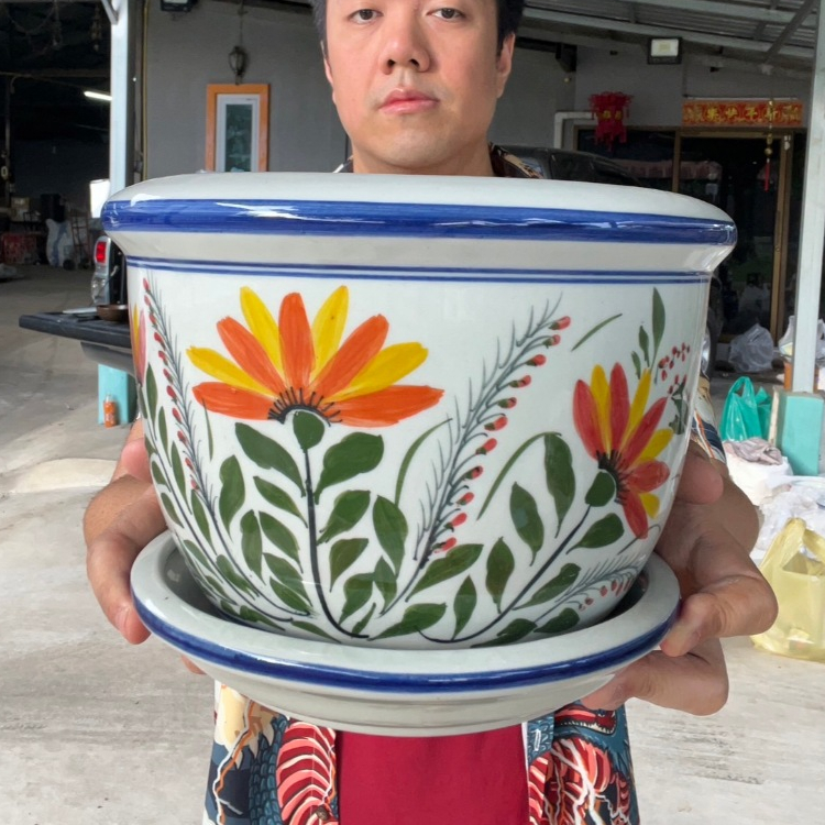 กระถางเซรามิคปากเรียบ ลายดอกส้ม (ไซต์ 8 นิ้ว) 100% แฮนเมด ออกใบกำกับภาษีได้ รหัส cc001