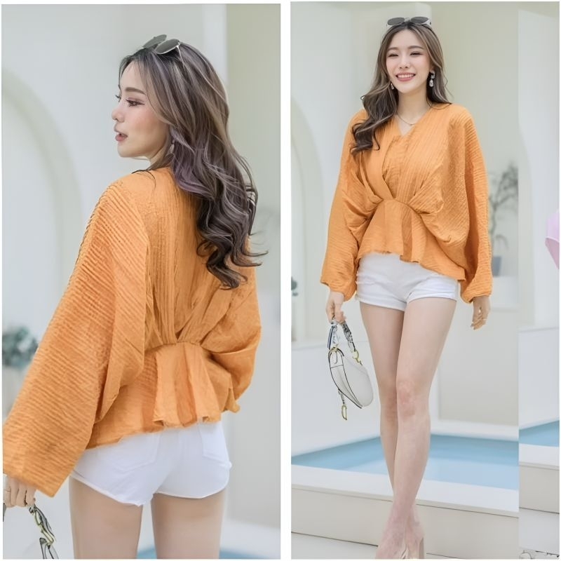 ใหม่.เสื้อOversize แขนยาวจับจีบเอวทรงสวย Free size:32 - 48 นิ้ว.ใส่ได้ ใส่สวย.เป็นผ้าคอตตอนอัดยับ