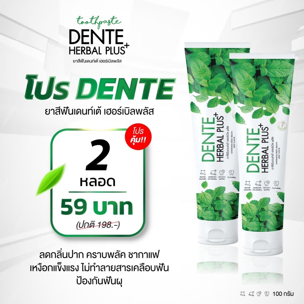 DENTE ยาสีฟันเดนท์เต้ [2 หลอด] สูตรเปปเปอร์มินต์ ลดกลิ่นปาก ขนาดหลอดละ 100 กรัม