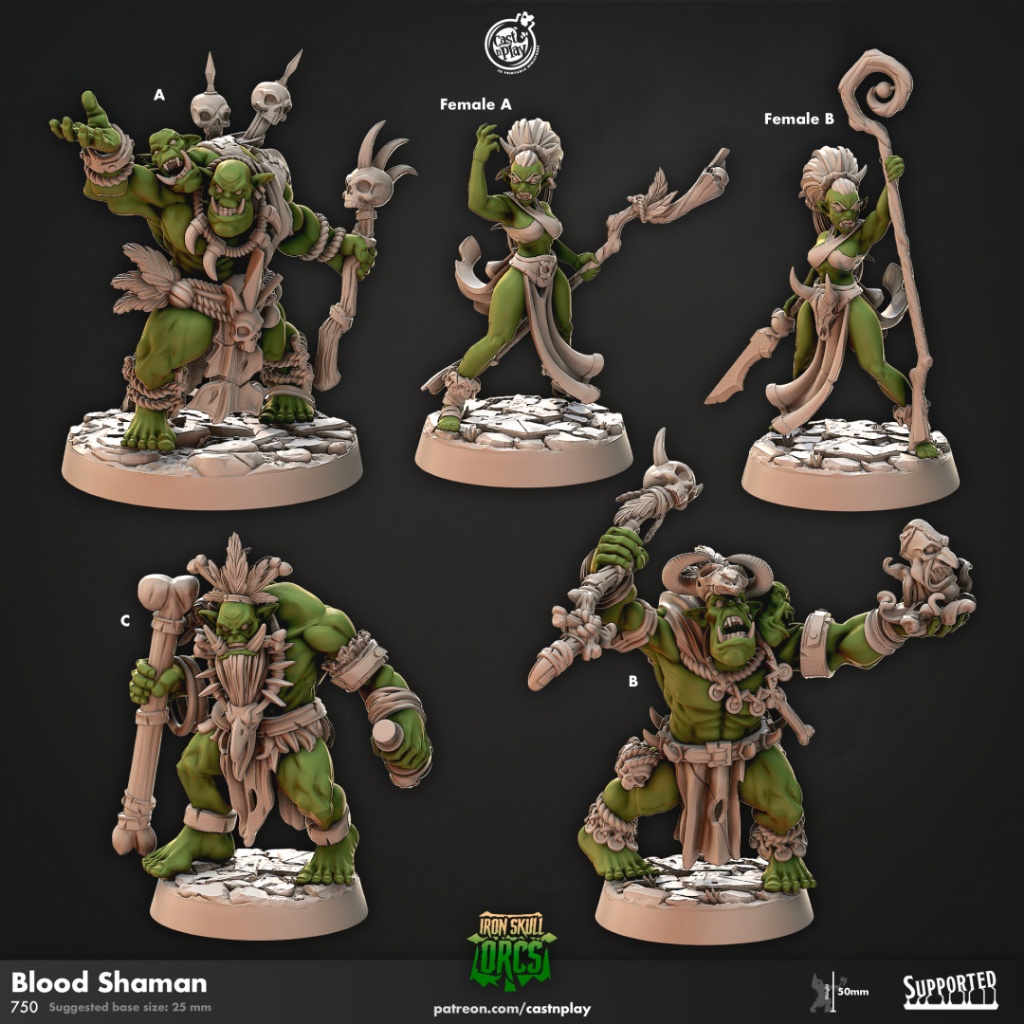 Blood Shamans - Iron Skull Orcs - Humanoid Orc / 32mm scale 3D printed miniature CNP