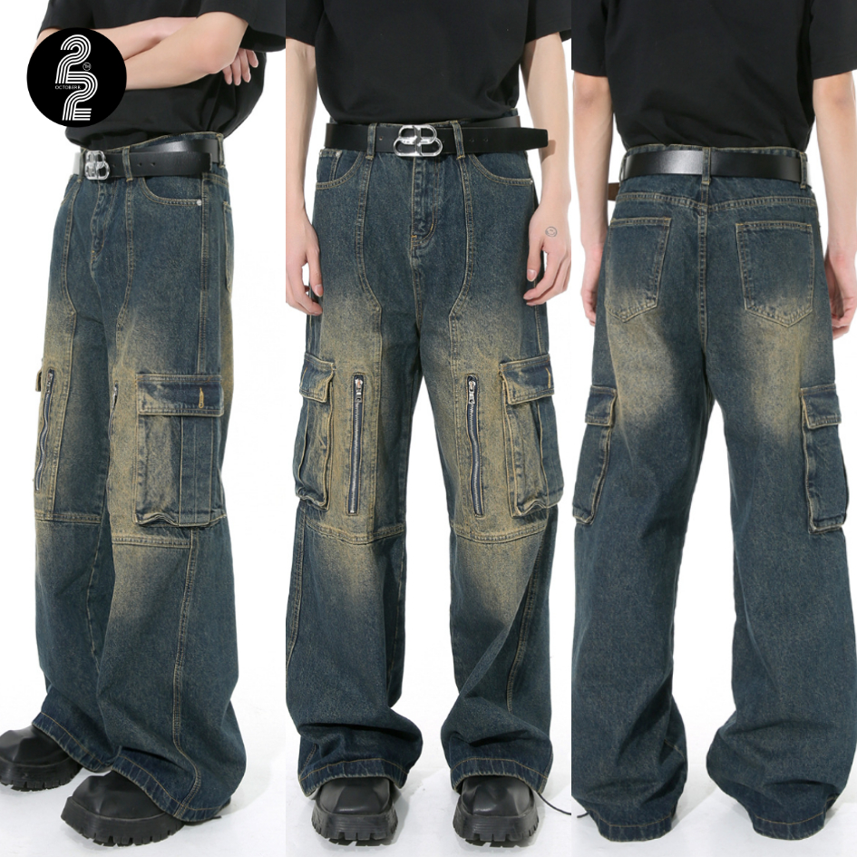 KR1352 "Niche retro Jeans" กางเกงคาร์โก้แต่งเฟดสีสวยผ้าพรีเมียมม