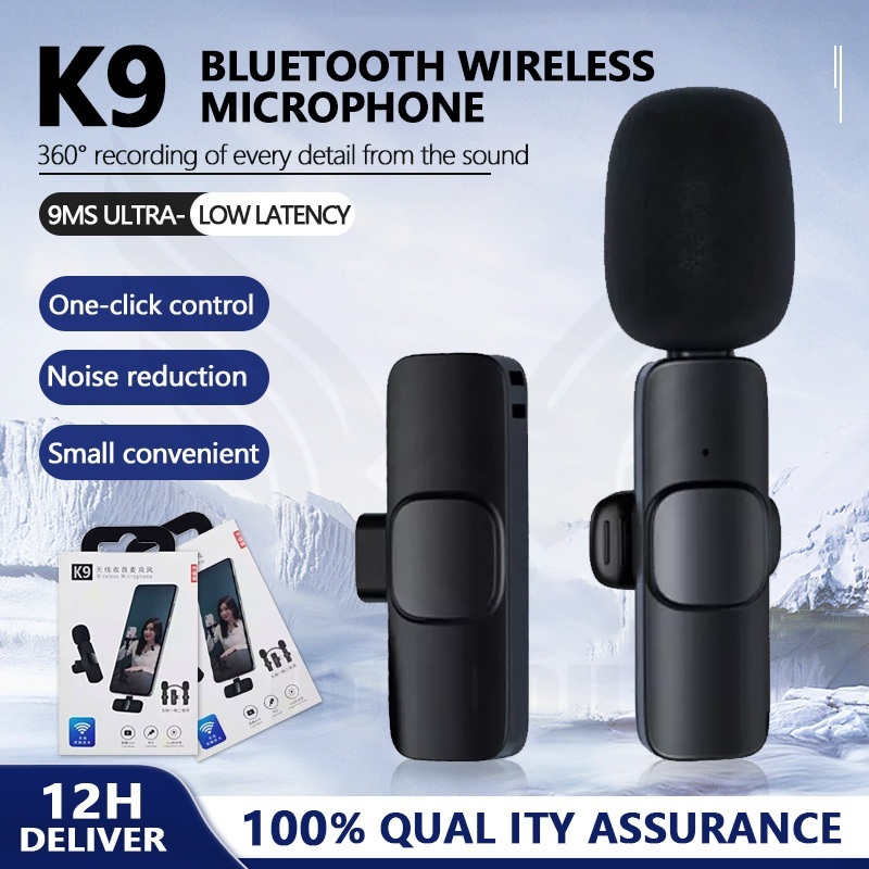 K9 Wireless Microphone ไมโครโฟนไร้สายแบบพกพาใช้สําหรับ สมาร์ทโฟน ไมค์ไร้สายหนีบเสื้อ ไมค์หนีบปกเสื้อ