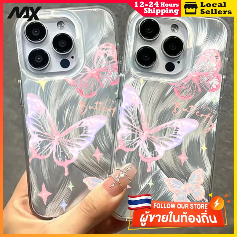 เส้นด้ายขนนกสุนัขจิ้งจอกสีเงิน สปาร์คเคิล เคสโทรศัพท์แอปเปิ้ล ผีเสื้อ iPhone 7/8P XR XS X 11 13 12 14 15 Pro Max