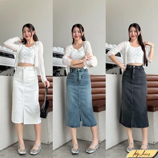 กระโปรงยาวยีนส์เอวสูงผ้าไม่ยืดสีพื้นฐานมีS-5XLถึงไซส์ใหญ่bigsize