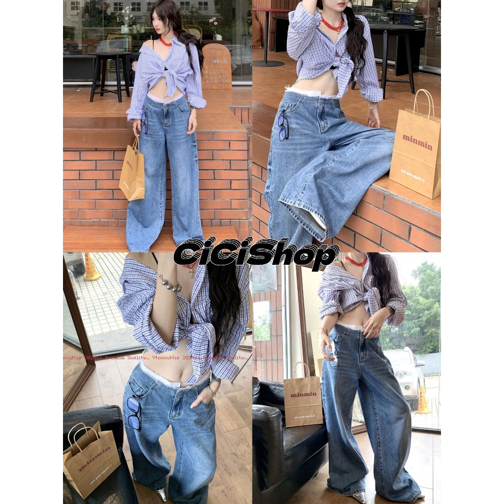 Cicishop (723) กางเกงยีนส์ขายาวทรงกระบอก ขอบพับแต่งรุ่ย ทรงสวย