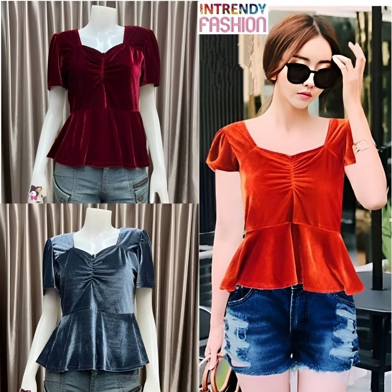 พร้อมส่ง.เสื้อกํามะหยี่ เสื้อยืดคอเหลี่ยม ชายระบาย สวยน่ารัดดูแพง Size : S - L.