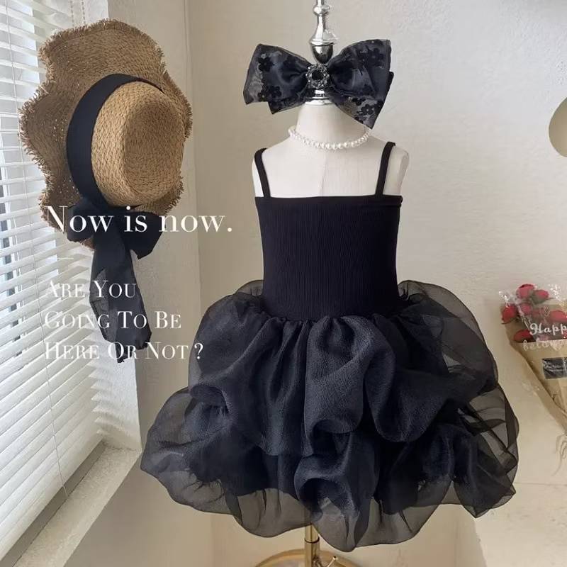 (พร้อมส่ง) เดรสเด็กผู้หญิงสายเดี่ยวสีดำกระโปรงตาข่ายเป็นชั้น (พร้อมส่งในไทย)