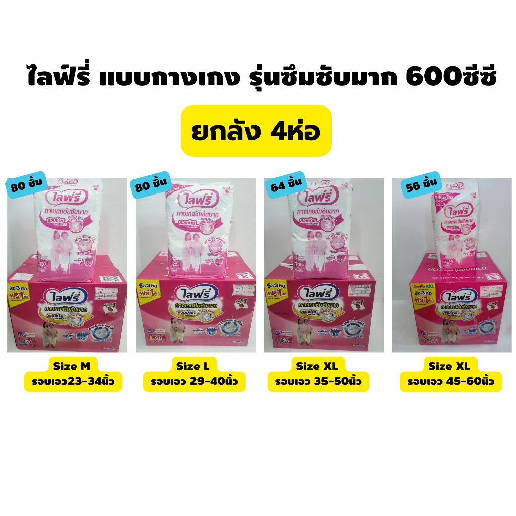ไลฟ์รี่กางเกง ห่อขาว รุ่นซึมซับมาก-แบ่งขายเป็นห่อ(M20/L20/XL16/XXL14ชิ้น)