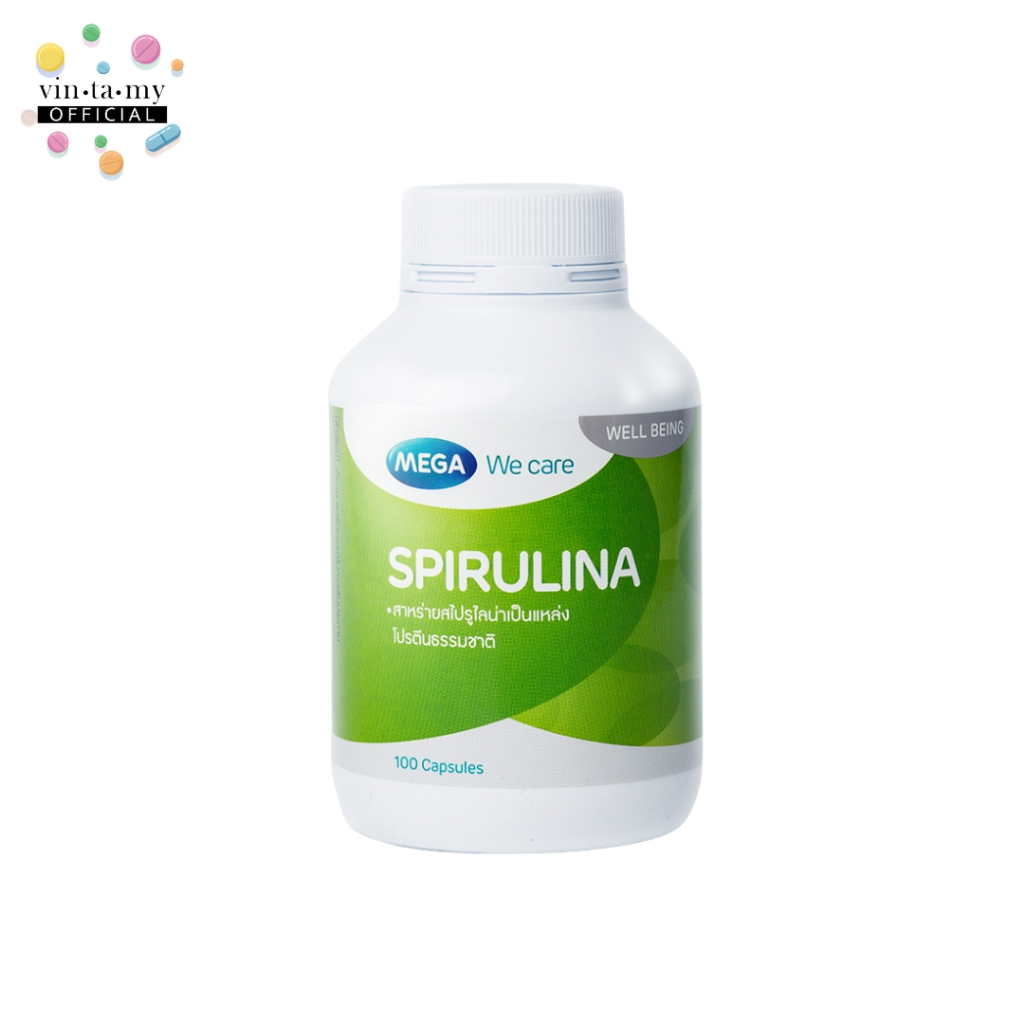 Mega We Care(เมก้า วีแคร์) Spirulina สาหร่ายสไปรูไลน่า บรรจุ 100 แคปซูล [EXP.09/02/2027]