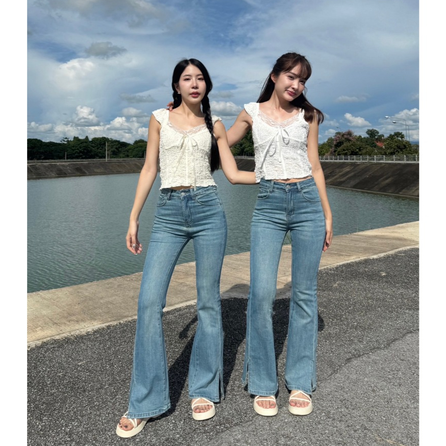 PP6087 กางเกงยีนขาม้าโพนี่แต่งผ่าปลายขา (ผ้ายืด)