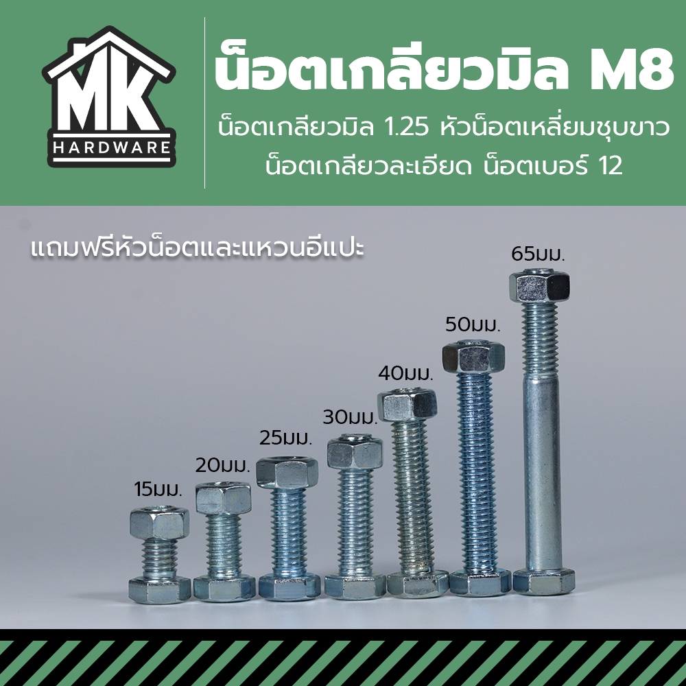 M8 น็อตหัวเหลี่ยม น็อตเกลียวมิล น็อตเกลียวละเอียด สกรู น็อตขาว น็อตเกลียว 1.25 น็อตเบอร์ 12