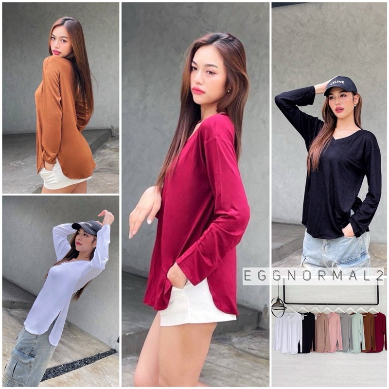 ANGEL STYLE❤️ T218 เสื้อยืดคอวีแขนยาวชายโค้ง ผ้าเรย่อน