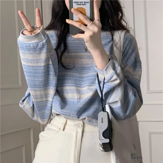 FASHION.61💗 เสื้อยืดเเขนยาว ลายทาง เนื้อผ้าดีผ้ายืด ไม่ร้อน ทรงหลวม รุ่นW6917