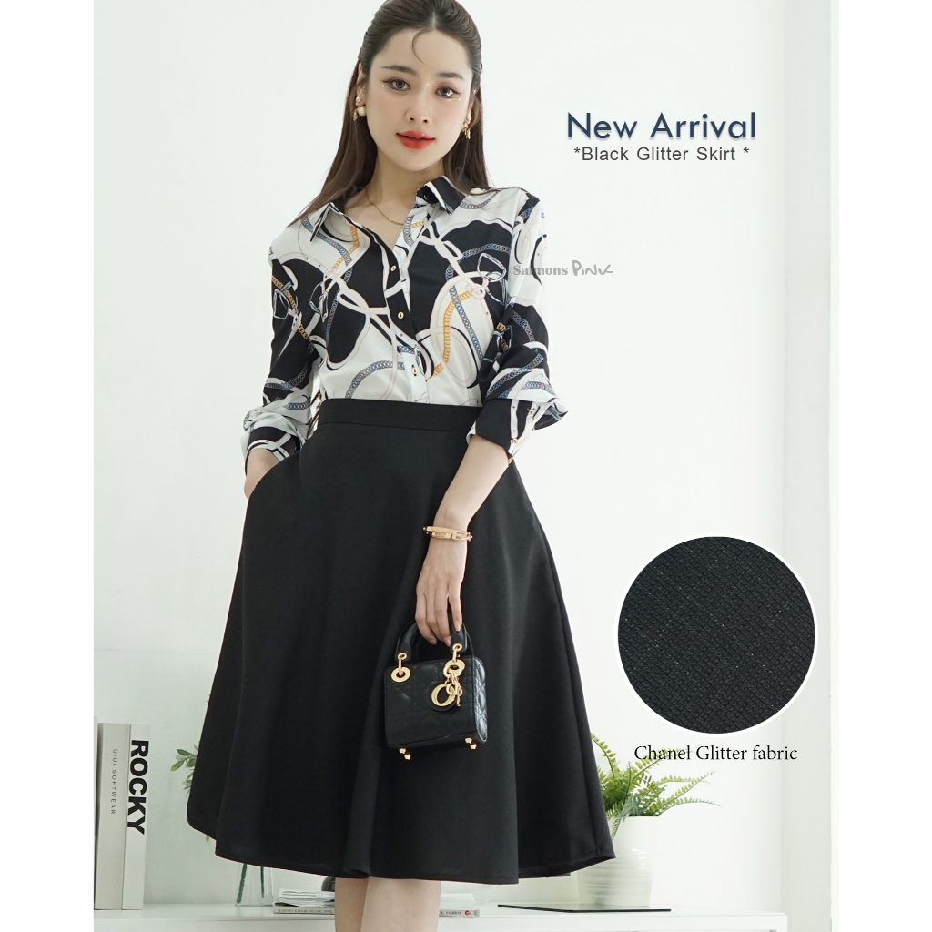 Black Glitter Skirt *กระโปรงคุณภาพดี S/M/L ซิปหลัง ทรงย้วยครึ่ววงกลม ยาว 24" กระโปรงทำงาน salmonspink