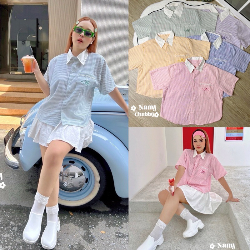 /JR/ เสื้อเชิ้ตสาวอวบ ผ้าลายริ้ว กระเป๋าปักโบว์ แต่งลูกไม้ #เสื้อผ้าไซส์ใหญ่ สาว อ้วน พลัสไซส์