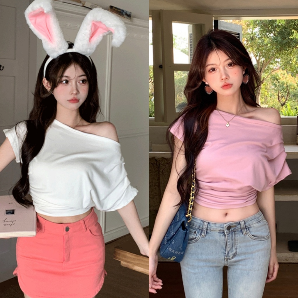 Beryl เสื้อยืดสไตล์เกาหลี แขนสั้น เปิดไหล่ ทรงหลวม ใส่สบาย สไตล์หวานและเซ็กซี่