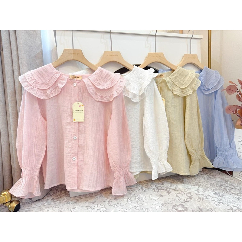 เสื้อคอบัวแขนยาว ผ้าอัดยับงานน่ารักมาก ป้ายsherbet❤️