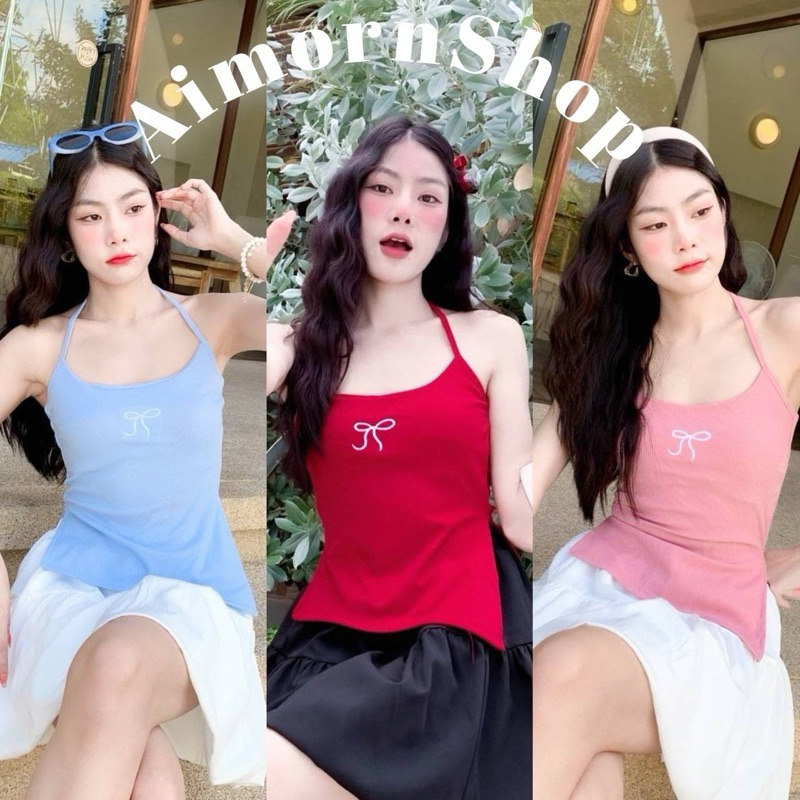 🔥aimorn_shop🔥เสื้อเกาะอกคล้องคอ✅งานปักผ้าร่อง✅ใส่เข้ารูปกระชับหุ่น ผ้านุ่มยืดใส่สบาย