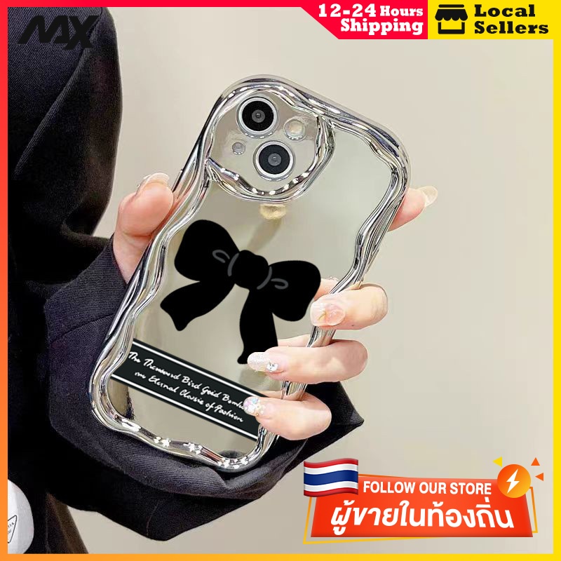กรณีโทรศัพท์คลื่นเงิน สไตล์เรียบง่าย กระจก เรืองแสง iPhone 11 12 13 14 15 Pro Max XR XS X 7 8 Plus โบว์สีดำ