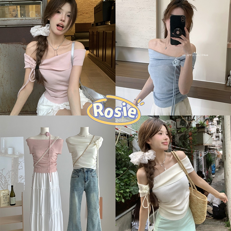Rosie พร้อมส่ง เสื้อเปิดไหล่สีพื้นผู้หญิง croptopแต่งดอกไม้ ทรงรัดรูป เรียบหรู ผ้าไม้พรหม ชุดไปทะเล ไปคาเฟ่ สไตล์เวียดนา