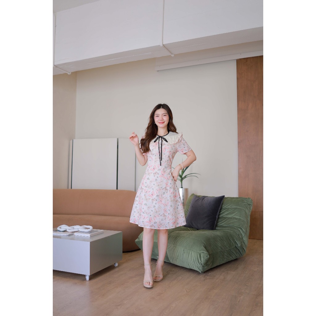 J344 ชุดเดรสสีโอรส (คอบัวมีเชือกผูกคอ)