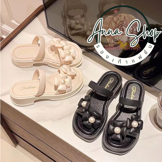 Anna shop รองเท้าแฟชั่น สายคาดแต่งดอกไม้ รองเท้าสายคาเฟ่ งานสุดชิว ใส่แล้วน่ารัก T296