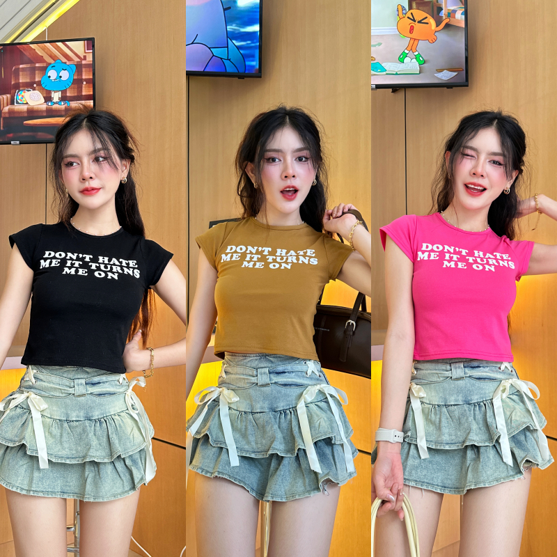 เสื้อครอปรัดรูป ทรงแขนเต่อ ผ้ายูนิ BABYTEE🫧 สาวอวบก็ใส่ได้น้า พิมพ์ลายน่ารัก พร้อมส่งทุกสี รุ่น เนสท