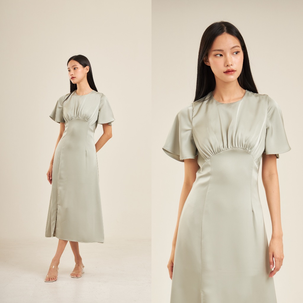 LX8203  คอกลม แขนกระดิ่ง เอวสูงจีบใต้อก ผ้าซาติน ชุดไปงานแต่ง ชุดออกงาน เดรสเพื่อนเจ้าสาว [LUXURY707]