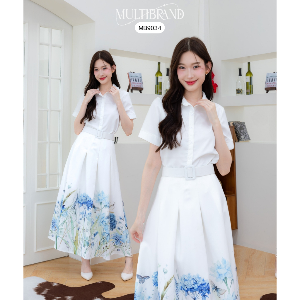 Fairyangelstore - Set ยาวคอปกลายดอกบวกเข็มขัด (MB9034)