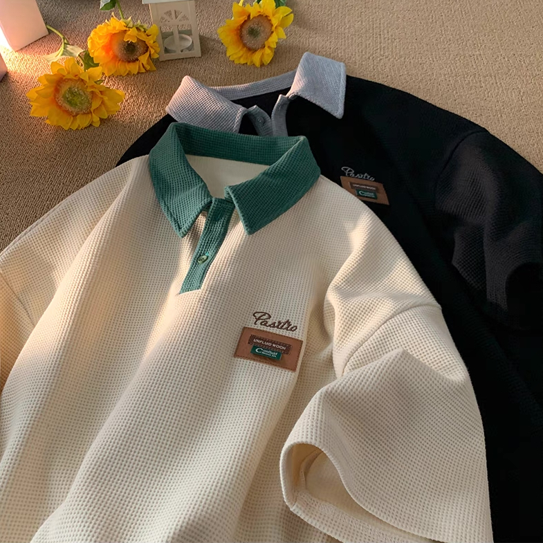 เสื้อโปโลแขนสั้นชาย งานปักอักษร ผ้าวาฟเฟิล Shirt Man Clothing สุภาพบุรุษ คอปก ผู้ชาย - รูปที่ 4