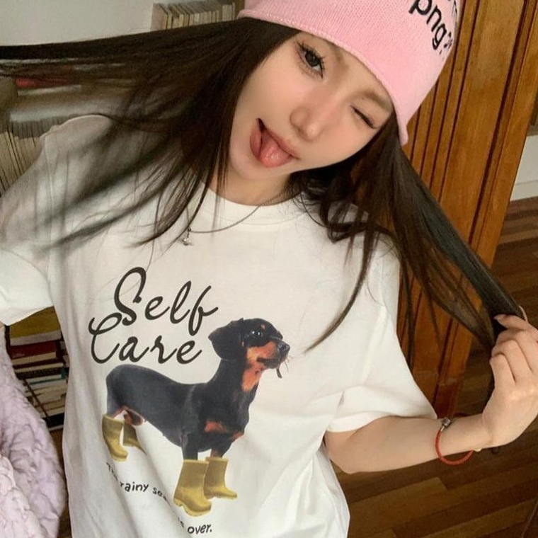 You-T เสื้อยืดผู้หญิง สวมใส่สบาย พิมพ์ "SELT" ไม่หดตัว เสื้อคอกลม ผ้าฝ้าย สไตล์เกาหลีเรียบง่าย S-4XL