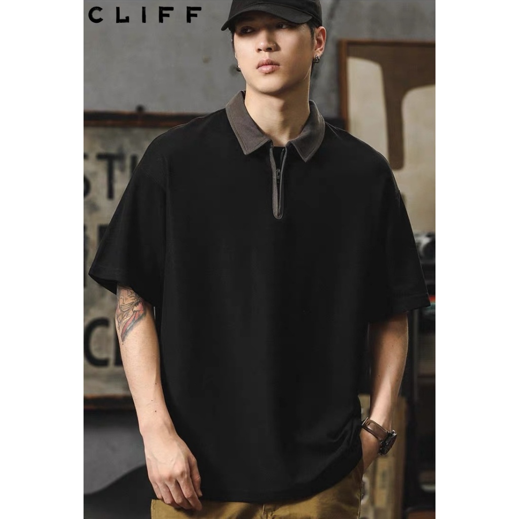 CLIFF เสื้อโปโลผู้ชาย ซิป สีผสม แบบหลวม แมทช์ลุคง่าย แขนสั้นคอปก เหมาะสำหรับธุรกิจลำลอง ราคา ถูกที่สุด ดีลบีเคเค แกลเลอรีภาพที่ 7